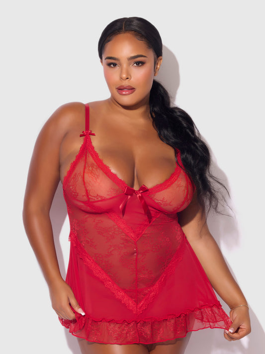 House of Desire Kiki Lace Babydoll Set Crimson Red