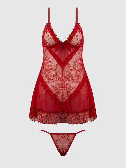 House of Desire Kiki Lace Babydoll Set Crimson Red
