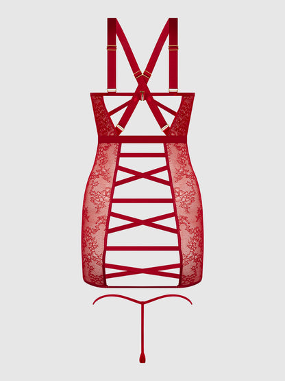 House of Desire Kiki Lace Chemise Open Strappy Caged Back Crimson Red