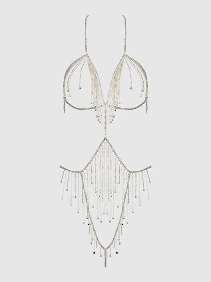 House of Desire Rhinestone Dangle Fringe Teddy Silver