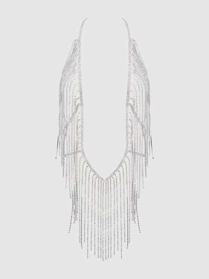 House of Desire Rhinestone Plunge & Fringe Teddy Silver