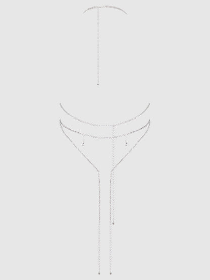 House of Desire Rhinestone Plunge & Fringe Teddy Silver