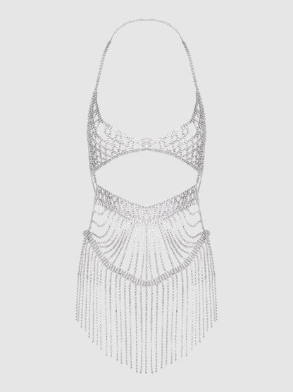House of Desire Rhinestone Netted Chemise Silver