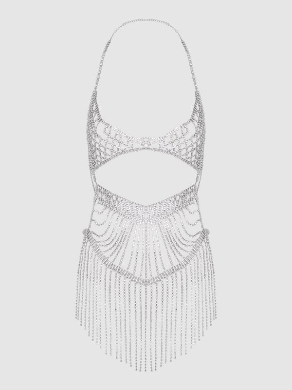 House of Desire Rhinestone Netted Chemise Silver