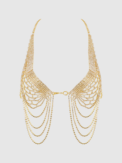 House of Desire Rhinestone Net Halter with Openable Front Gold