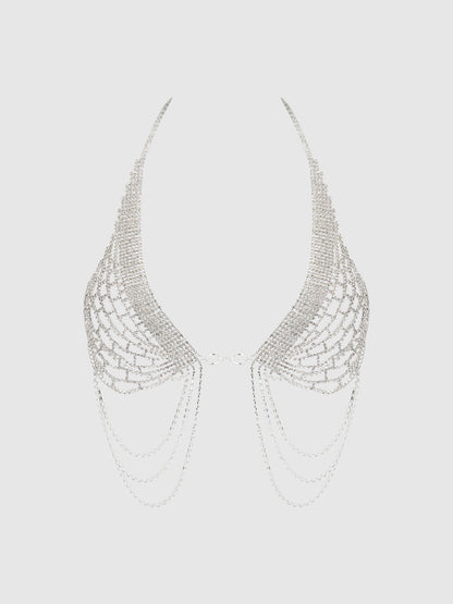 House of Desire Rhinestone Net Halter Bra with Openable Front Silver
