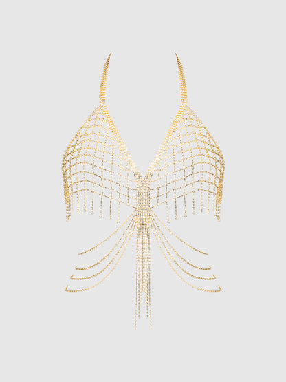 House of Desire Rhinestone Net & Fringe Halter Bralette