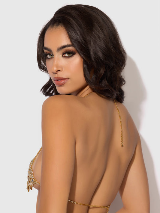 House of Desire Rhinestone Swirl Knot Bralette Bra Gold