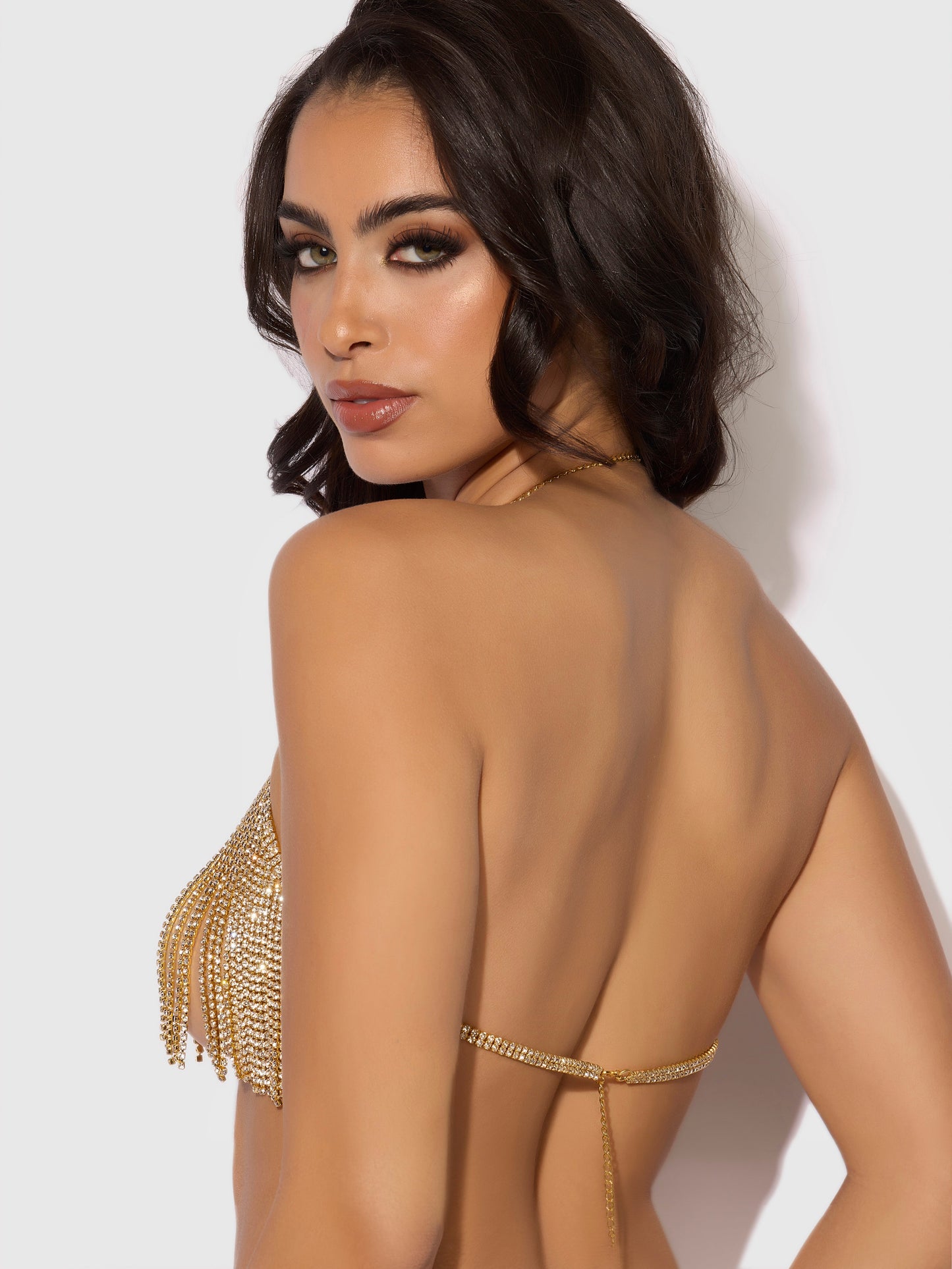 House of Desire Rhinestone Dangle V-Neck Bra Gold