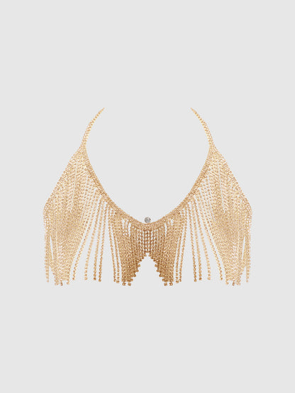 House of Desire Rhinestone Dangle V-Neck Bra Gold