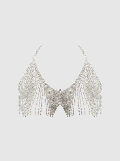 House of Desire Rhinestone Dangle V-Neck Bra Silver