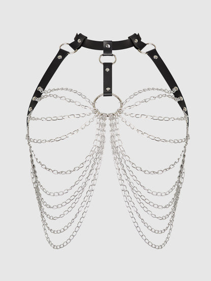 House of Desire Chain & Leather-Like Draped Harness Black Silver