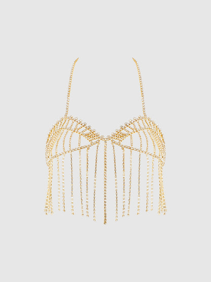 House of Desire Rhinestone Fringe Cropped Cami Top Gold