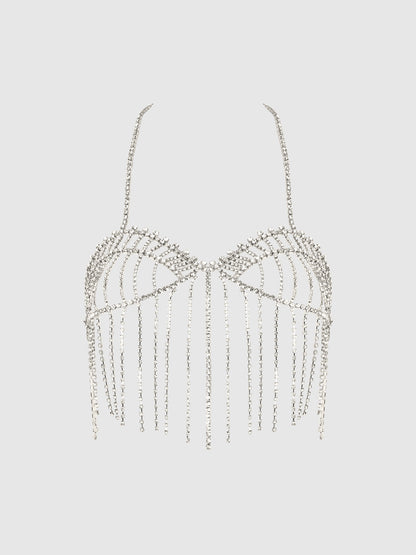House of Desire Rhinestone Fringe Cropped Cami Top Silver