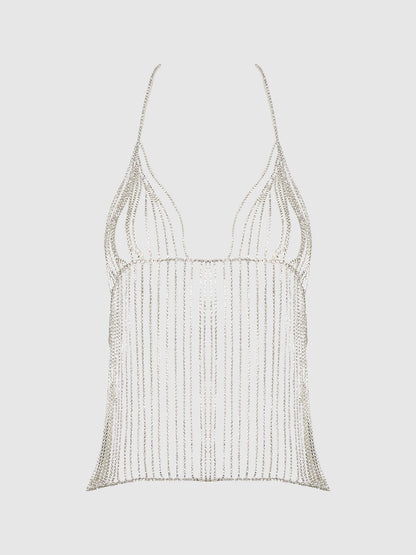 House of Desire Rhinestone Plunge Cami Silver
