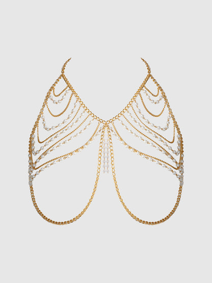 House of Desire Pearl & Chain Draped Bralette Bra Gold