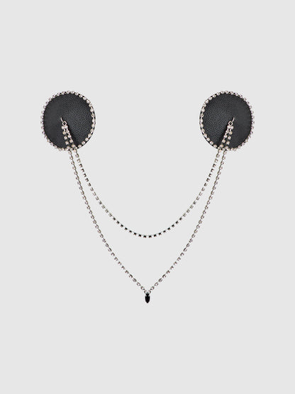 House of Desire Rhinestone & Leather-Like Draped Pasties Black Silver