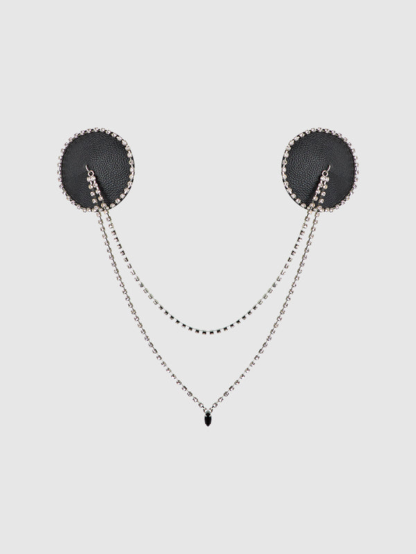 House of Desire Rhinestone & Leather-Like Draped Pasties Black Silver