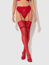 House of Desire Thigh High Sheer Stayups with Tall Lace Band Crimson Red