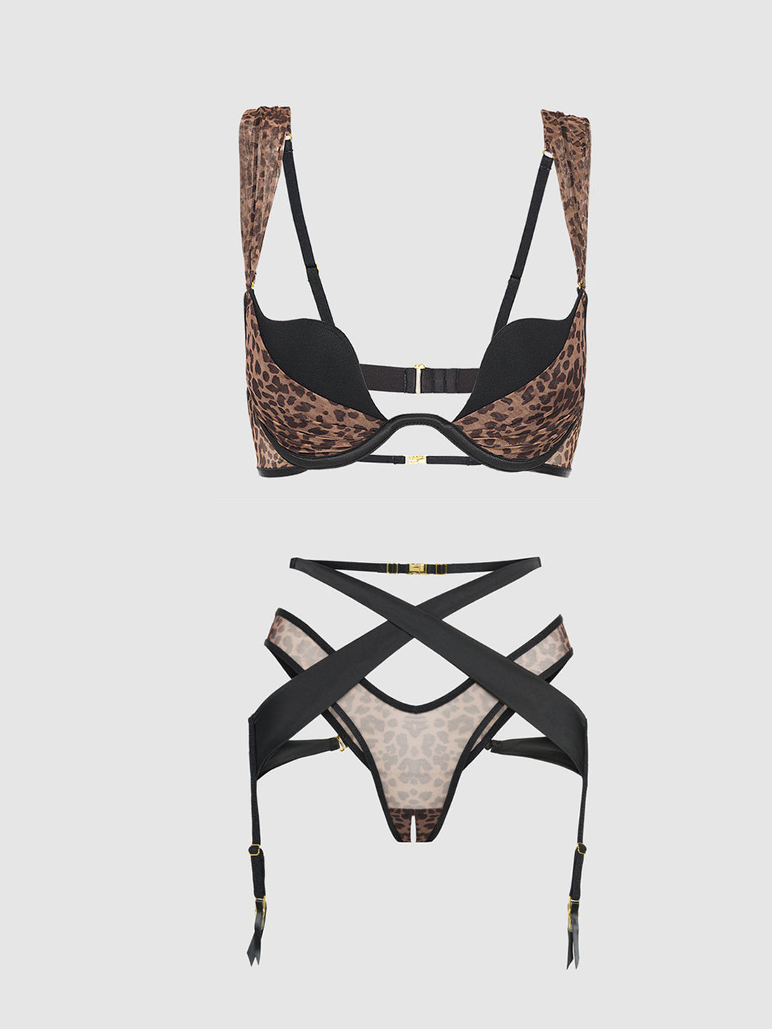 House of Desire Queen Chantal Plunge Push Up Bra & Crotchless Tanga Set Leopard