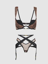 House of Desire Queen Chantal Plunge Push Up Bra & Crotchless Tanga Set Leopard