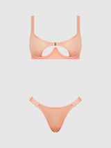 House of Desire Yvone Shimmer Mesh Openable Cup Bra & Thong Set Peach Please