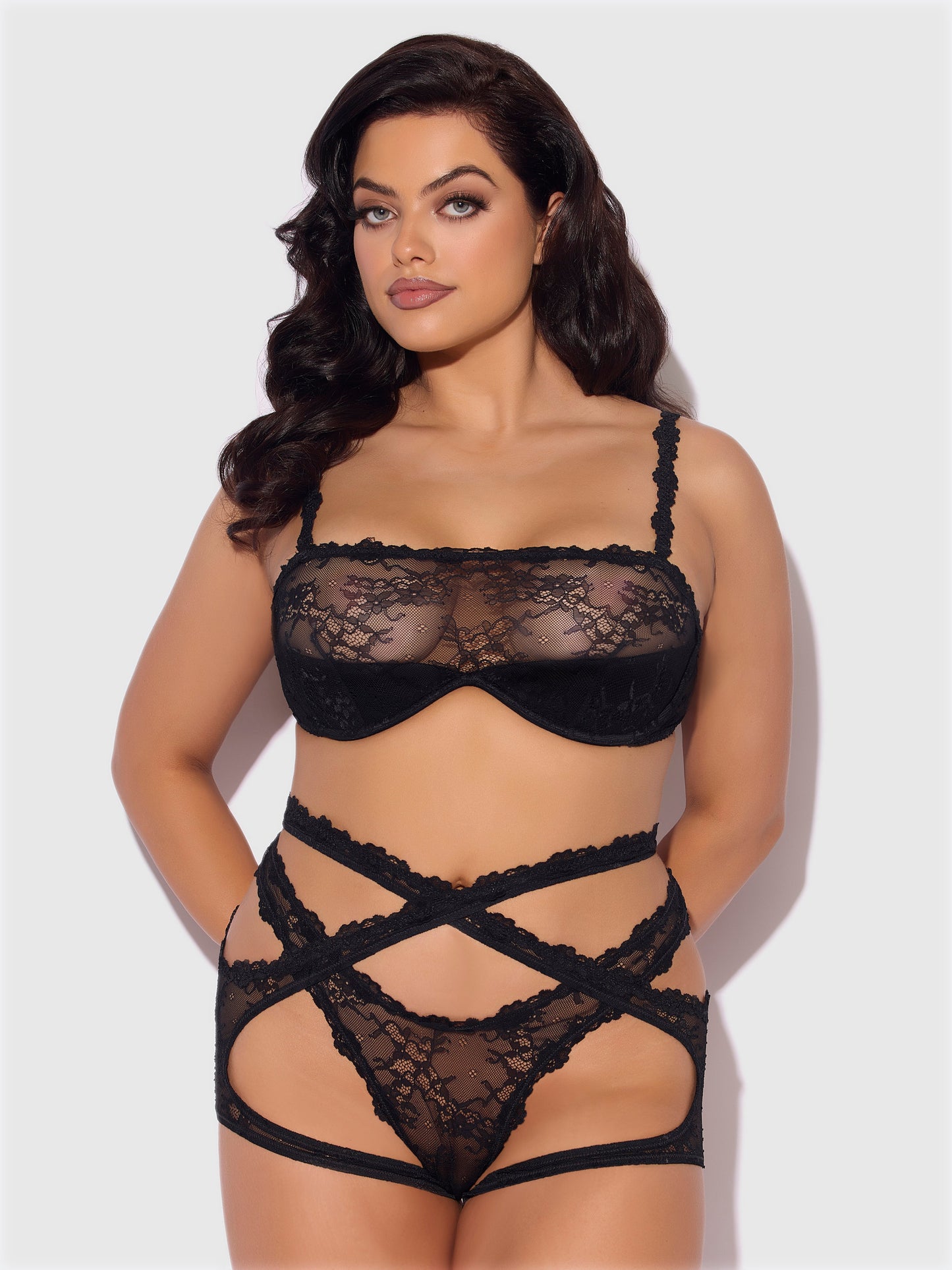 House of Desire Yvone Wrap Lace Bra, Garter, & Tanga Set Black