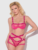 House of Desire Yvone Wrap Lace Bra, Garter, & Tanga Set Purple Fuchsia