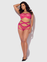 House of Desire Yvone Wrap Lace Bra, Garter, & Tanga Set Purple Fuchsia