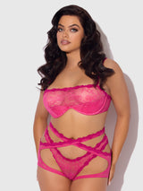 House of Desire Yvone Wrap Lace Bra, Garter, & Tanga Set Purple Fuchsia