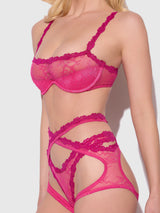 House of Desire Yvone Wrap Lace Bra, Garter, & Tanga Set Purple Fuchsia