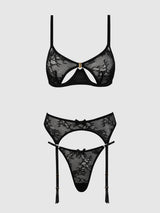 House of Desire Yvone Lace Open Cup Bra, Crotchless Thong & Garter Set