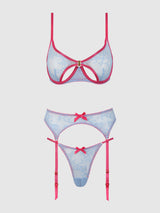 House of Desire Yvone Lace Open Cup Bra, Crotchless Thong & Garter Set
