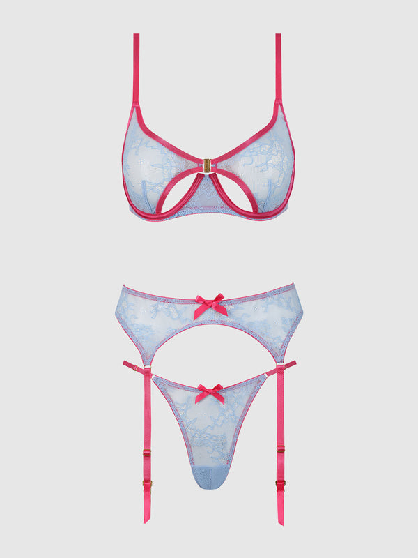 House of Desire Yvone Lace Open Cup Bra, Crotchless Thong & Garter Set