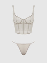 House of Desire Yvone Shimmer Mesh Bustier & G-string Set Silver