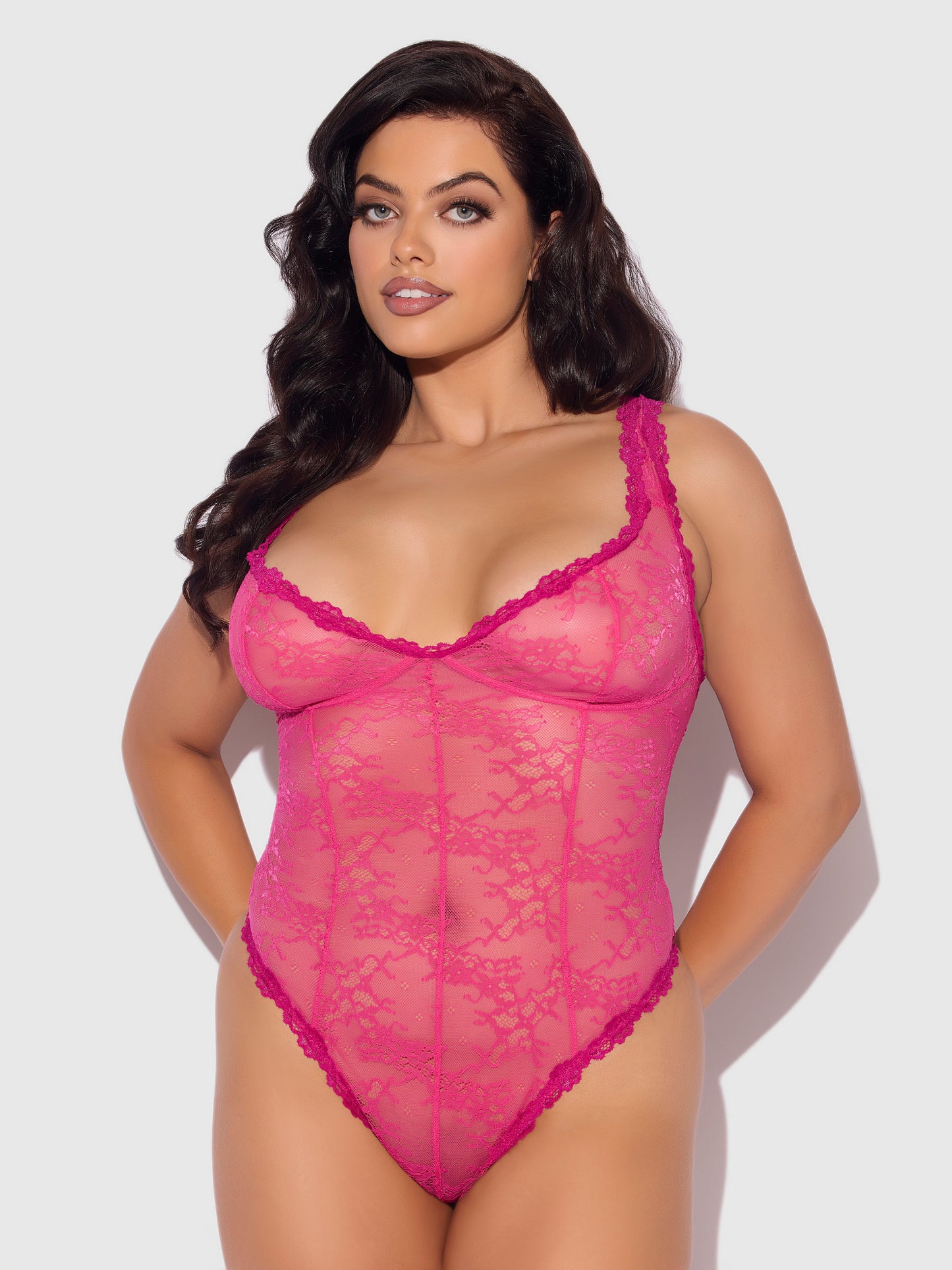 House of Desire Yvone Lace Underwire & Seamed Bodysuit Purple Fuchsia