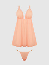 House of Desire Yvone Shimmer Mesh Babydoll & G-string Set Peach Please