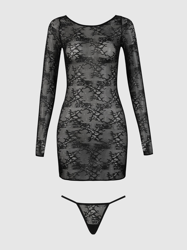 House of Desire Yvone Lace Long Sleeve Chemise Dress & G-String