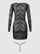 House of Desire Yvone Lace Long Sleeve Chemise Dress & G-String