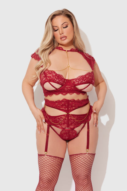 House of Desire Dezi Lace & Chain Open Cup Bra Set Rhubarb