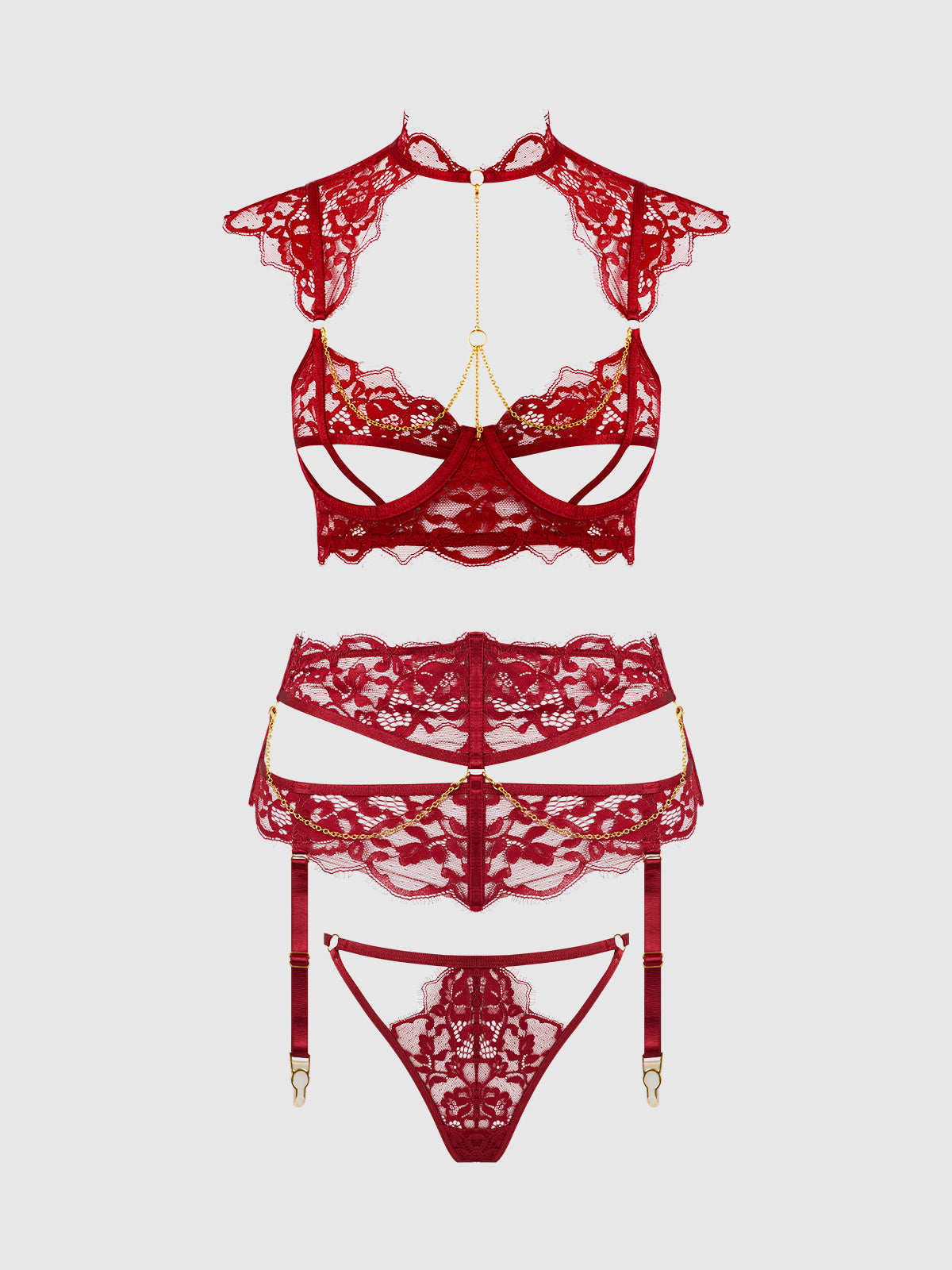 House of Desire Dezi Lace & Chain Open Cup Bra Set Rhubarb
