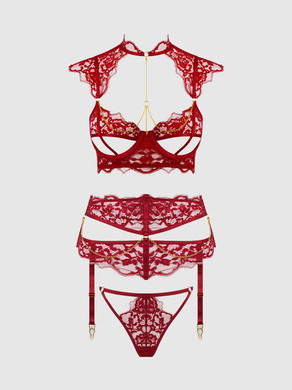 House of Desire Dezi Lace & Chain Open Cup Bra Set Rhubarb