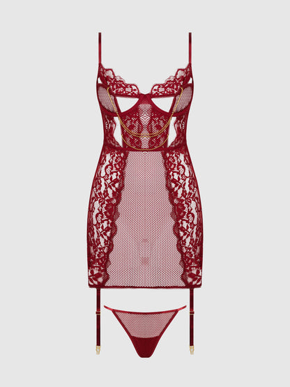 House of Desire Dezi Lace & Chain Chemise Set Rhubarb