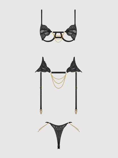 House of Desire Cecily Lace & Chain Open Cups Bra Set Black