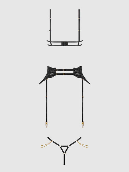 House of Desire Cecily Lace & Chain Open Cups Bra Set Black