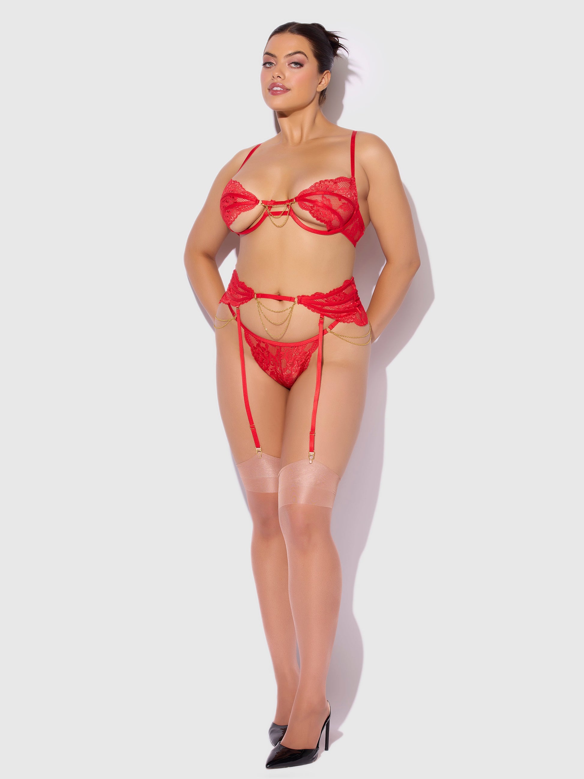 House of Desire Cecily Lace & Chain Open Cups Bra Set Red