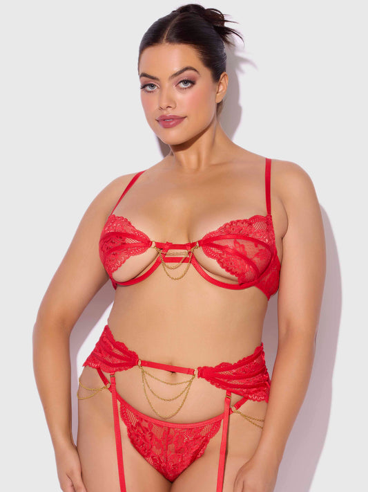 House of Desire Cecily Lace & Chain Open Cups Bra Set Red