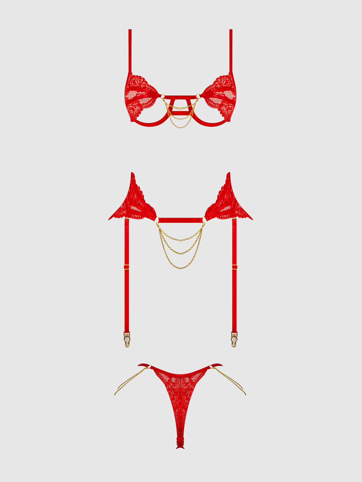 House of Desire Cecily Lace & Chain Open Cups Bra Set Red