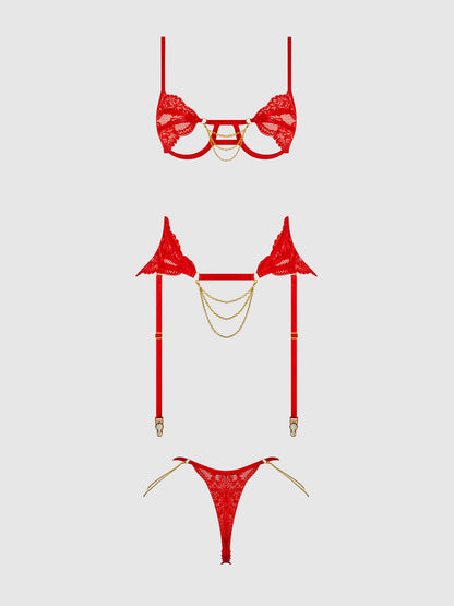 House of Desire Cecily Lace & Chain Open Cups Bra Set Red