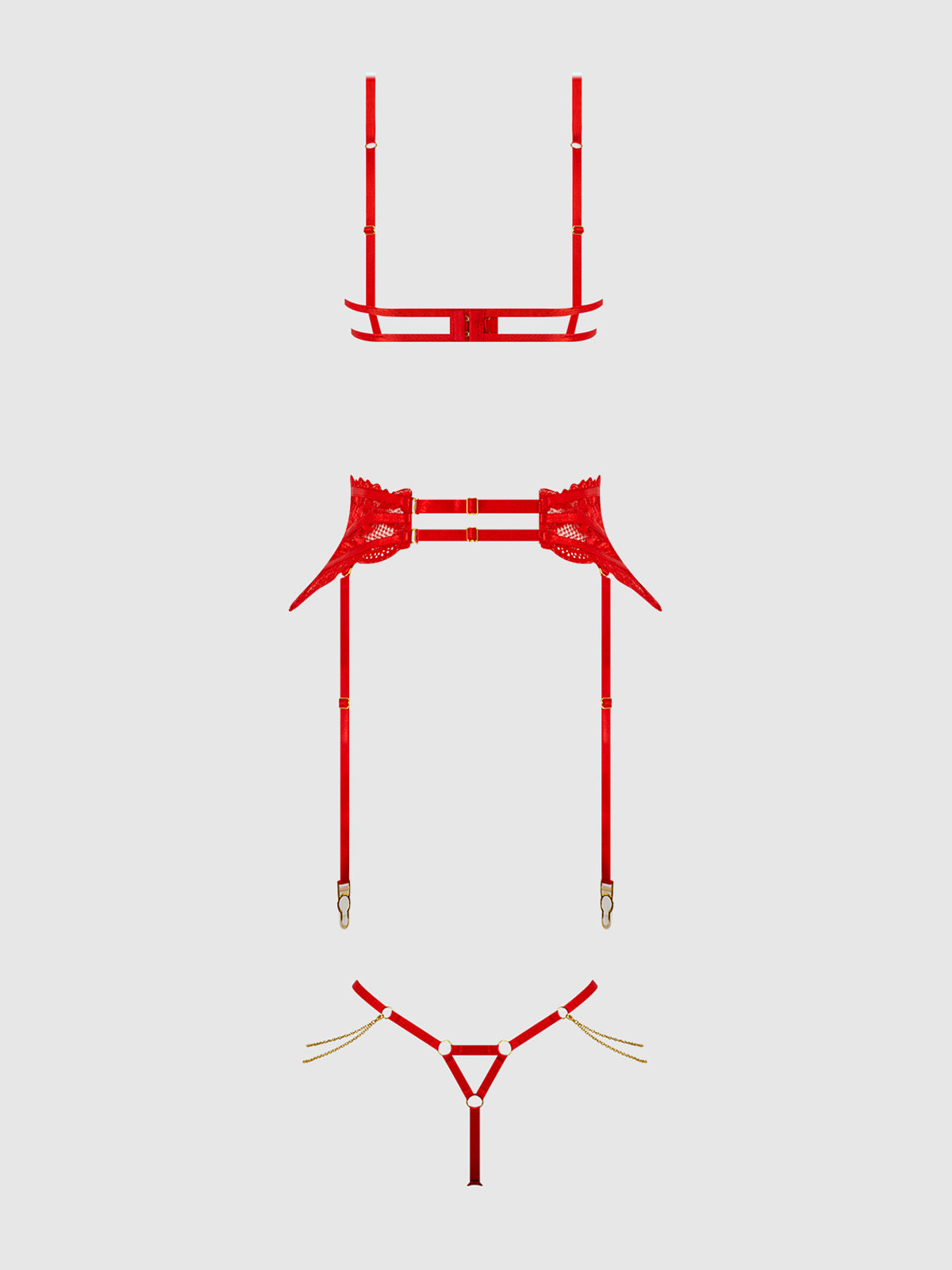 House of Desire Cecily Lace & Chain Open Cups Bra Set Red